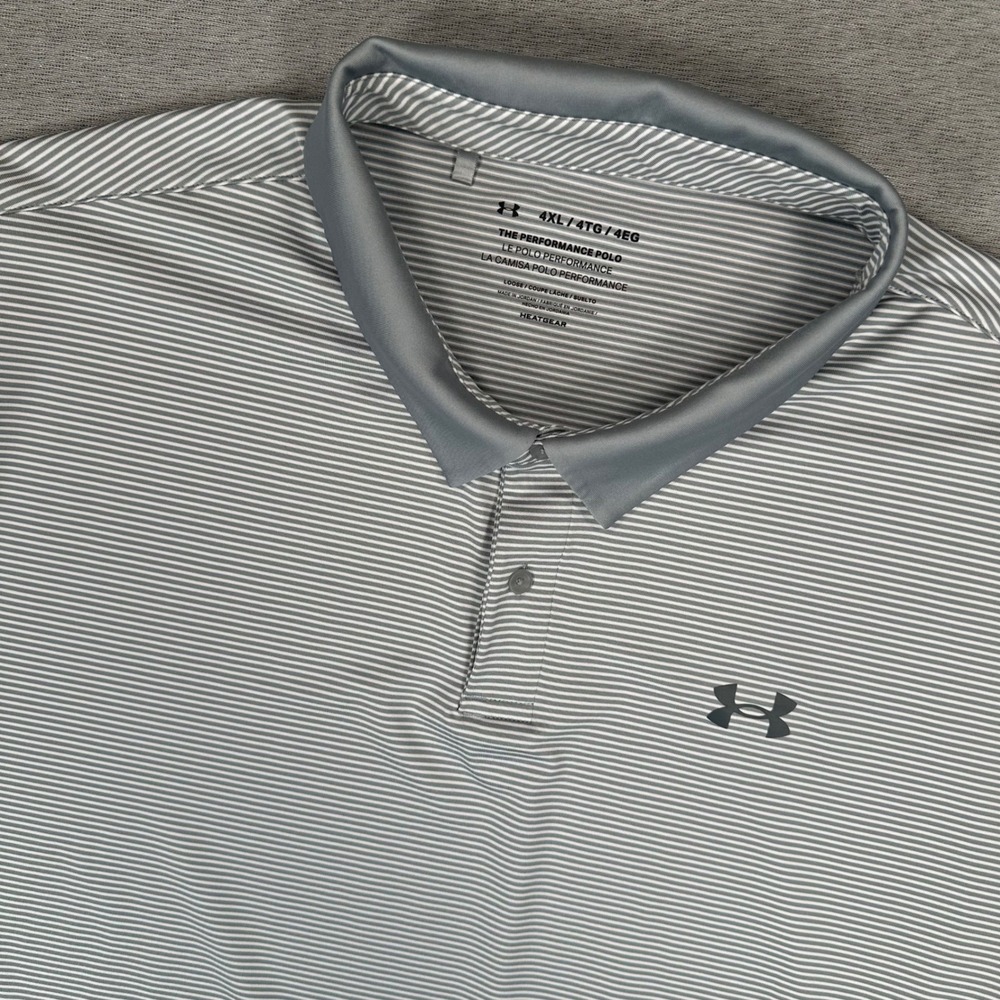 Under‎ Armour Performance Polo Shirt Mens 4XL Grey White Striped HeatGear Loose